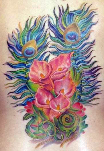 363x527 Flowers Drawings Peacock Feather And Flower Watercolor Tattoo - Peacock And Flower Drawing Tattoo