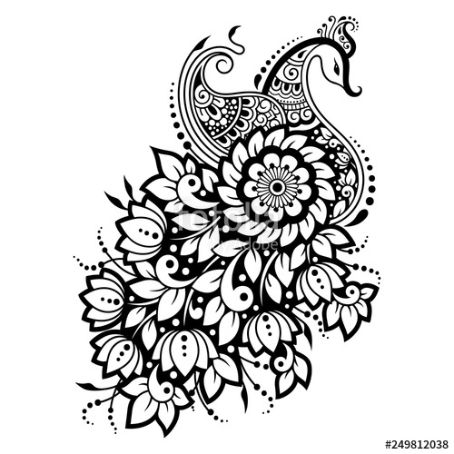 500x500 mehndi flower pattern with peacock for henna drawing and tattoo - Peacock And Flower Drawing Tattoo