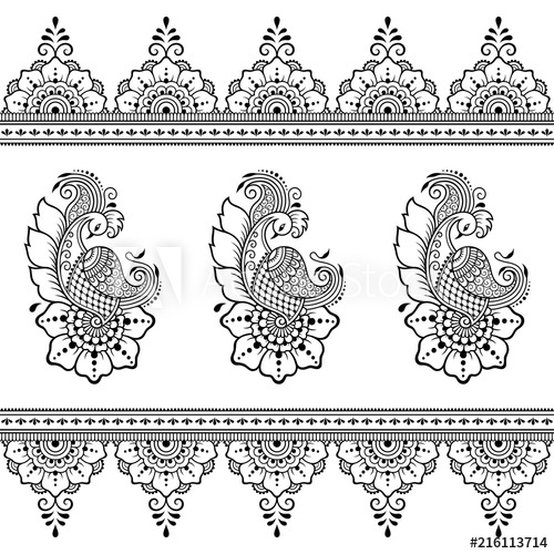 500x500 set of mehndi flower, peacock pattern and seamless border - Peacock And Flower Drawing Tattoo