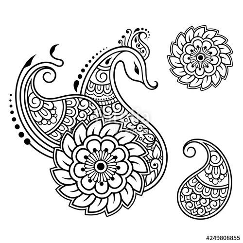 500x500 set of mehndi flower pattern and peacock for henna drawing - Peacock And Flower Drawing Tattoo