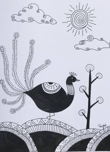 375x518 Madhubani Peacock Drawing - Peacock Drawing Black And White