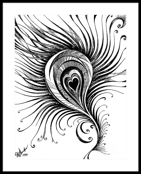 600x738 Peacock Feather Black White Drawing Framed Print - Peacock Drawing Black And White