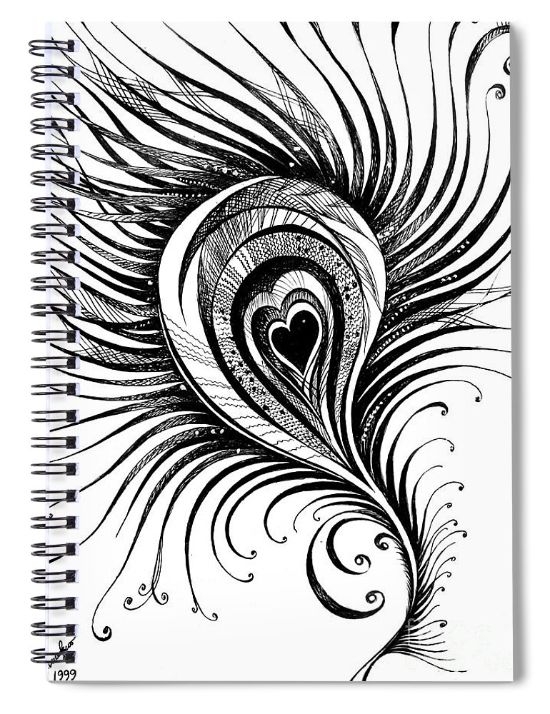 770x1000 Peacock Feather Black White Drawing Spiral Notebook For Sale - Peacock Drawing Black And White