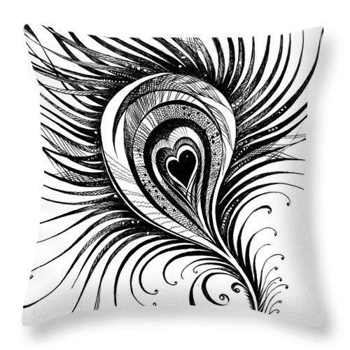 500x500 peacock feather black white drawing throw pillow for sale - Peacock Drawing Black And White