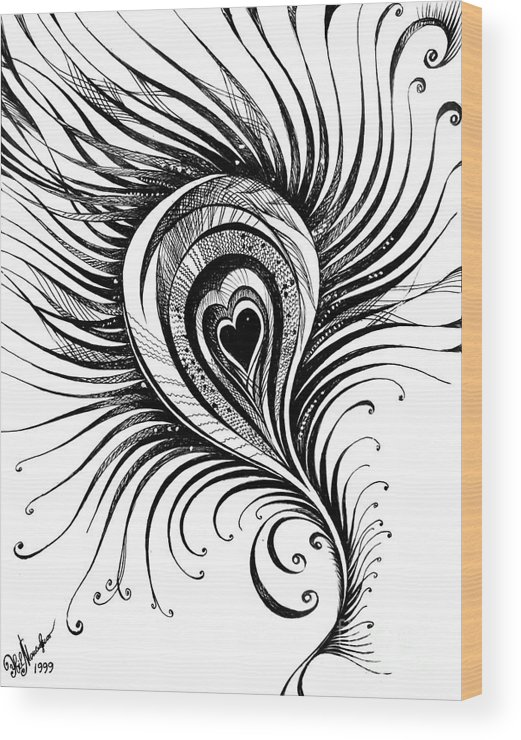 521x740 peacock feather black white drawing wood print - Peacock Feather Drawing