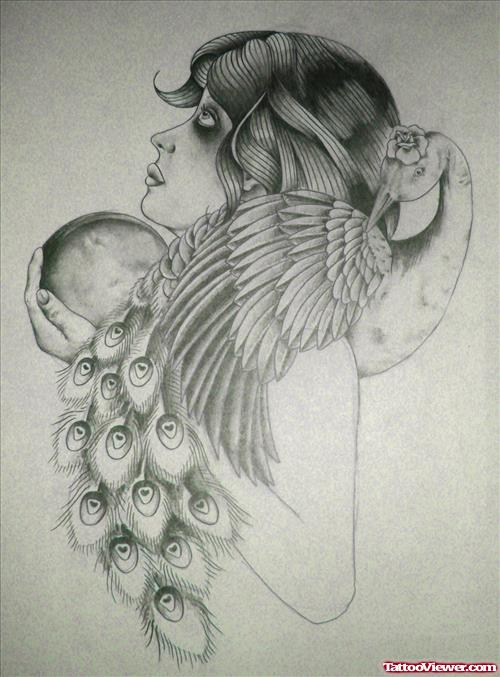 500x677 Gypsy Girl With Peacock Tattoo Design - Peacock Tattoo Drawing
