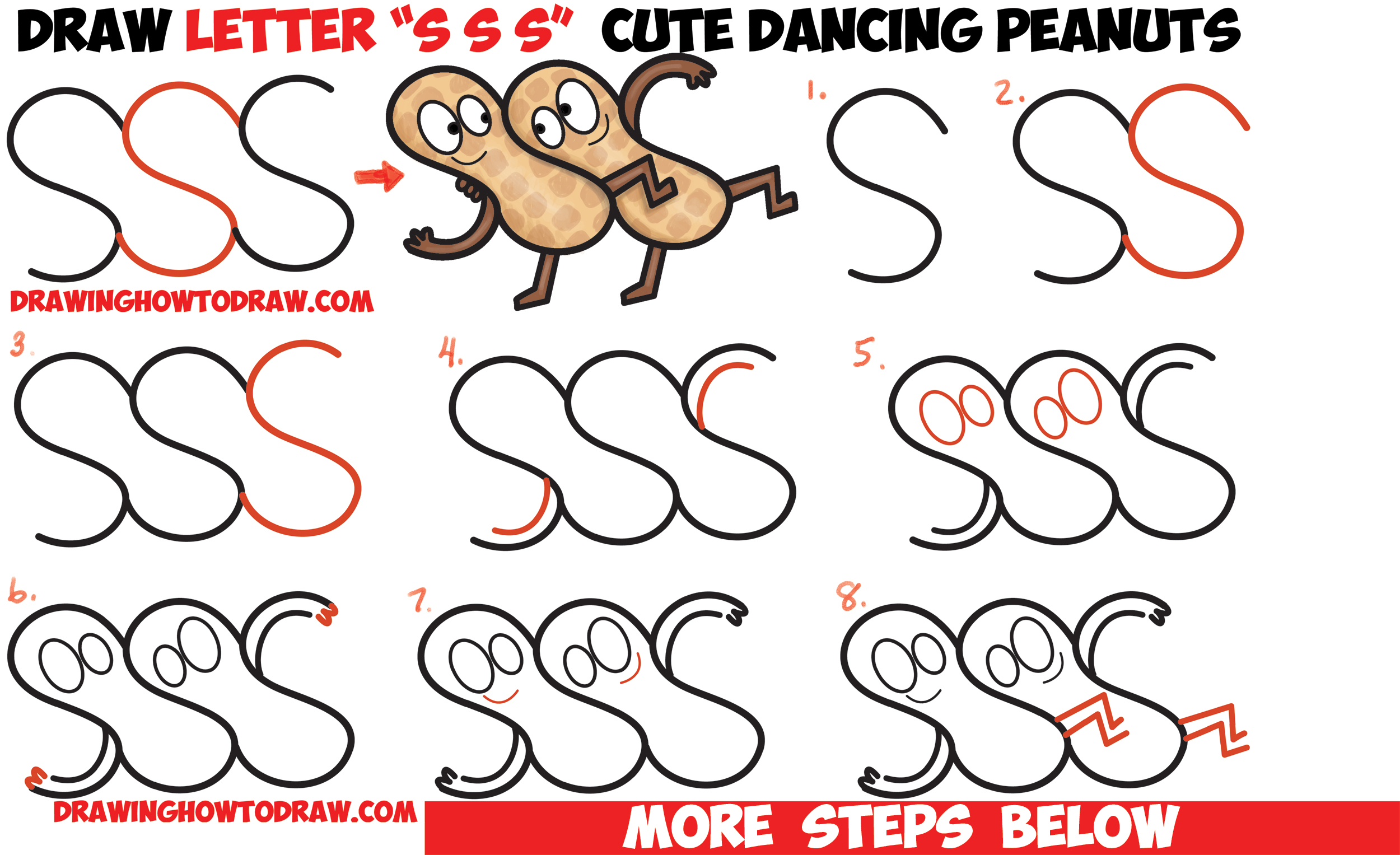 2500x1527 How To Draw Cartoon Dancing Peanuts From Letter S Shapes Easy Step - Peanut Drawing