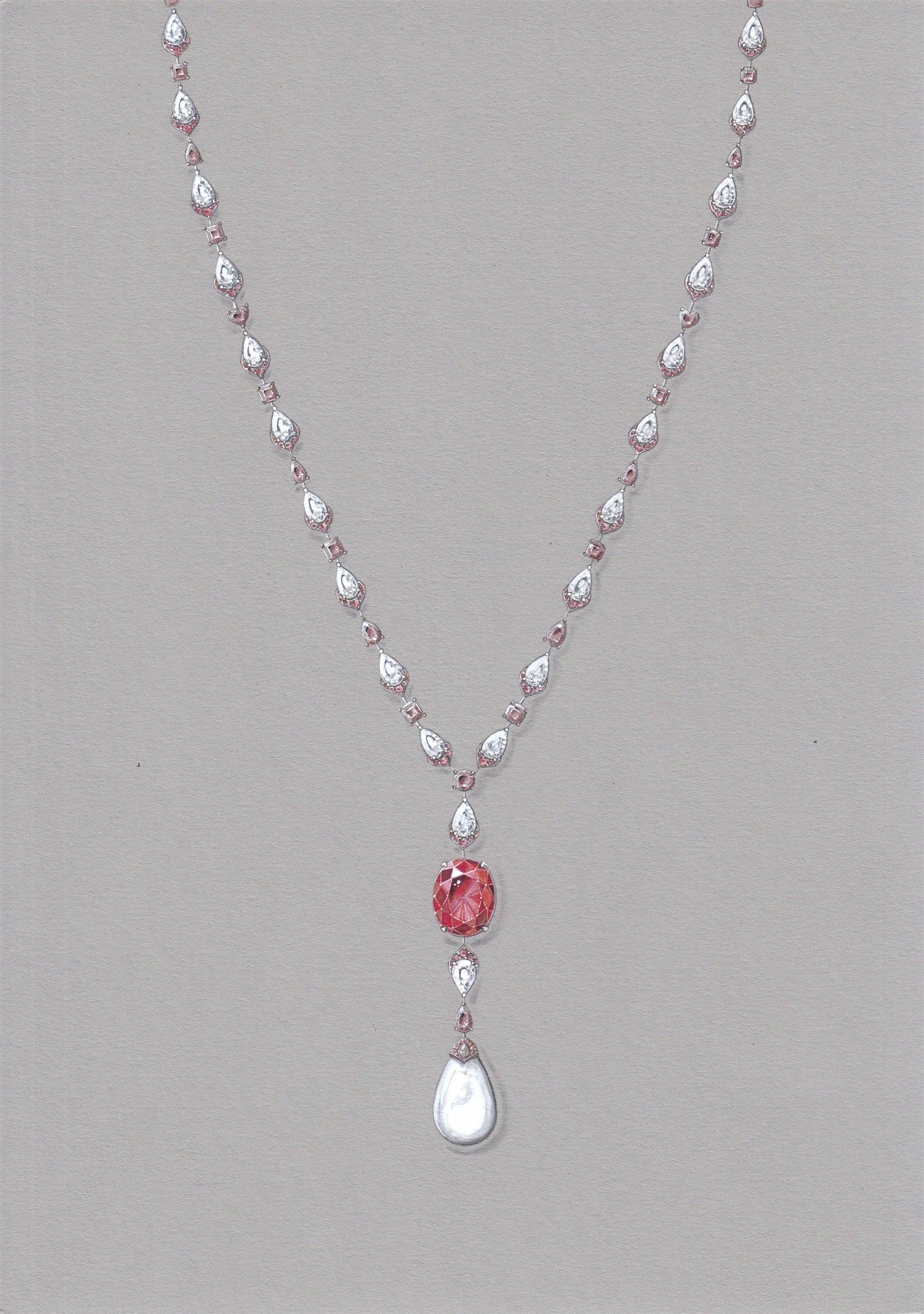 1633x2321 David Morris Sunset Ruby And Natural Pearl Necklace With Fancy - Pearl Necklace Drawing