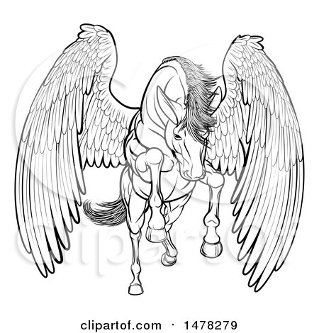 450x470 clipart of a black and white majestic winged horse pegasus flying - Pegasus Flying Drawing