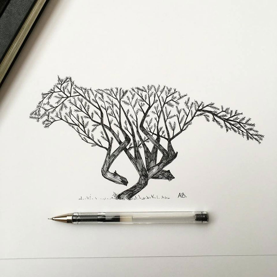 915x915 trees grow into majestic animals in pen ink illustrations - Pen And Ink Animal Drawings