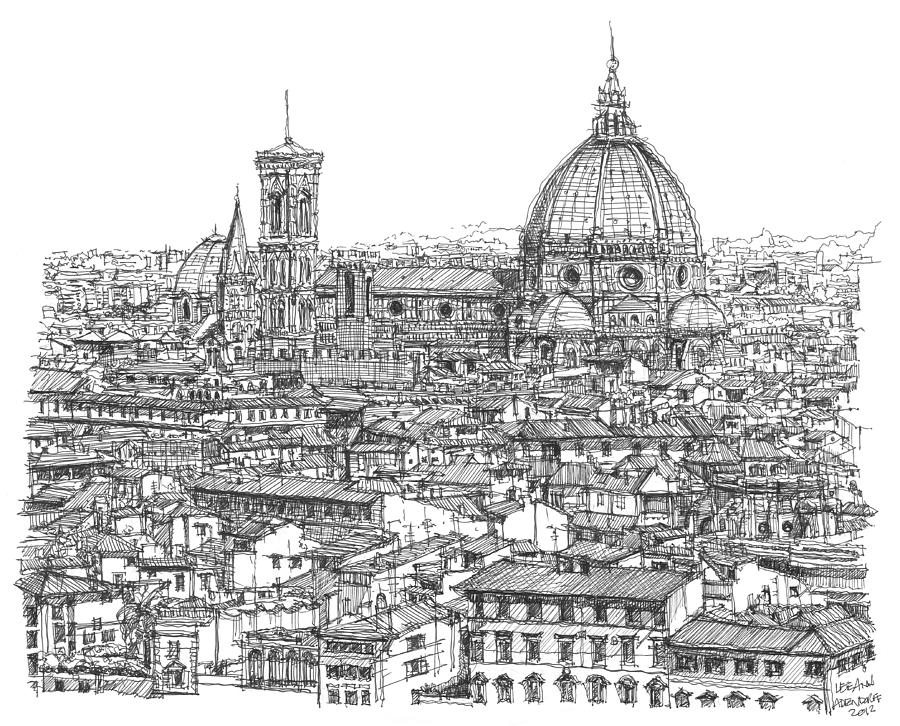 900x726 Romantic Florence Skyline In Ink Drawing - Pen And Ink Drawings