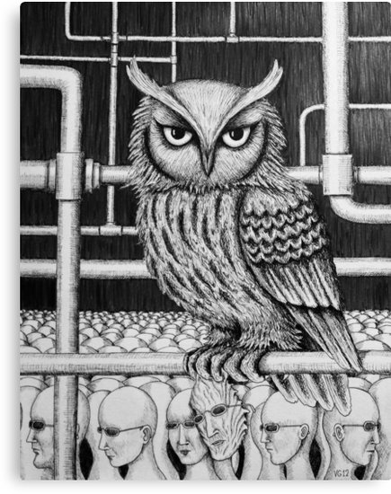 435x550 urban owl surreal pen ink black and white drawing canvas print - Pen And Ink Owl Drawing
