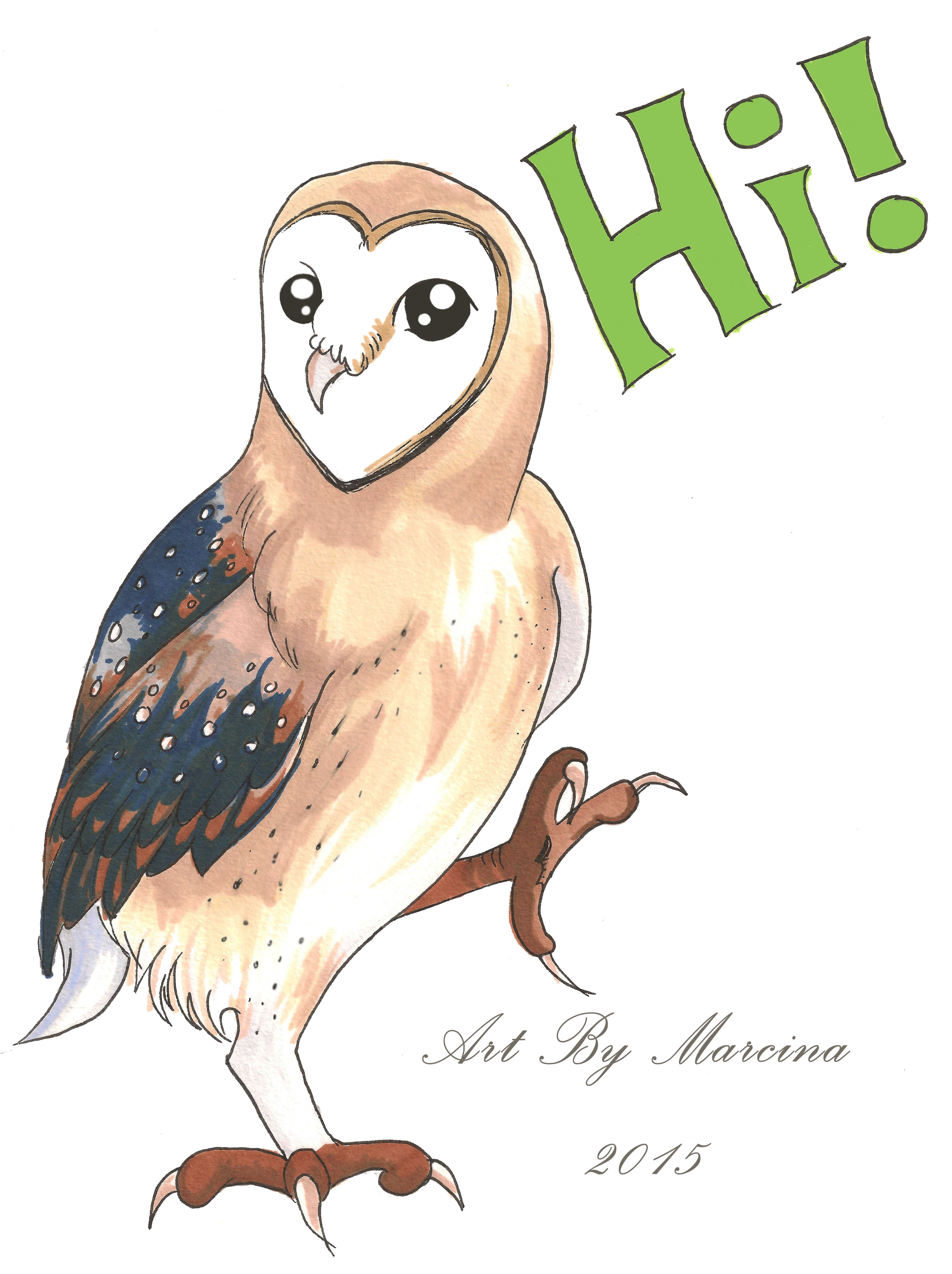 4740x6342 Barn Owl Waving Hi! Cartoon Drawing In Pen And Ink Art - Pen Cartoon Drawing