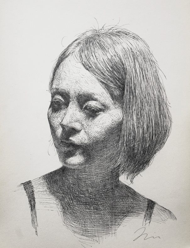 605x789 pen artist sam kim portrait of a young lady pen drawing - Pen Portrait Drawing