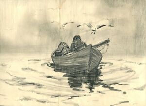 300x219 original pencil drawing wooden row boat dory with lobster - Pencil Drawing
