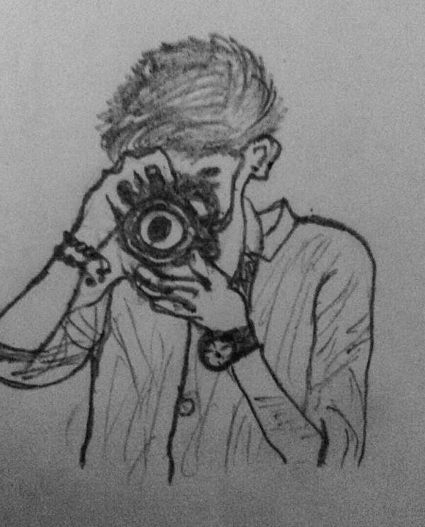 600x744 Pencil Sketch Of Boy With A Camera - Pencil Drawing Camera