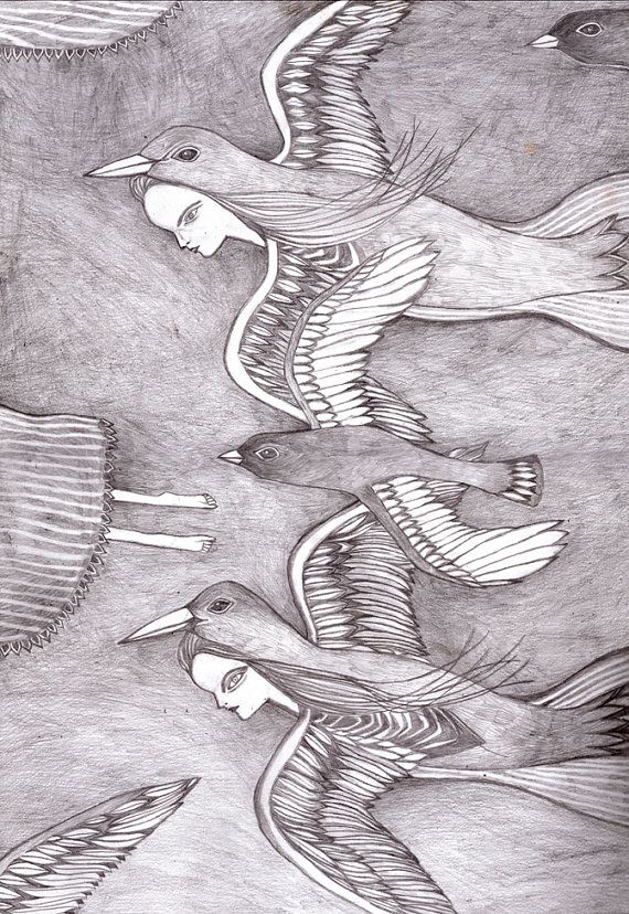 570x828 Harpy Bird Women Pencil Drawing Print - Pencil Drawing Collage