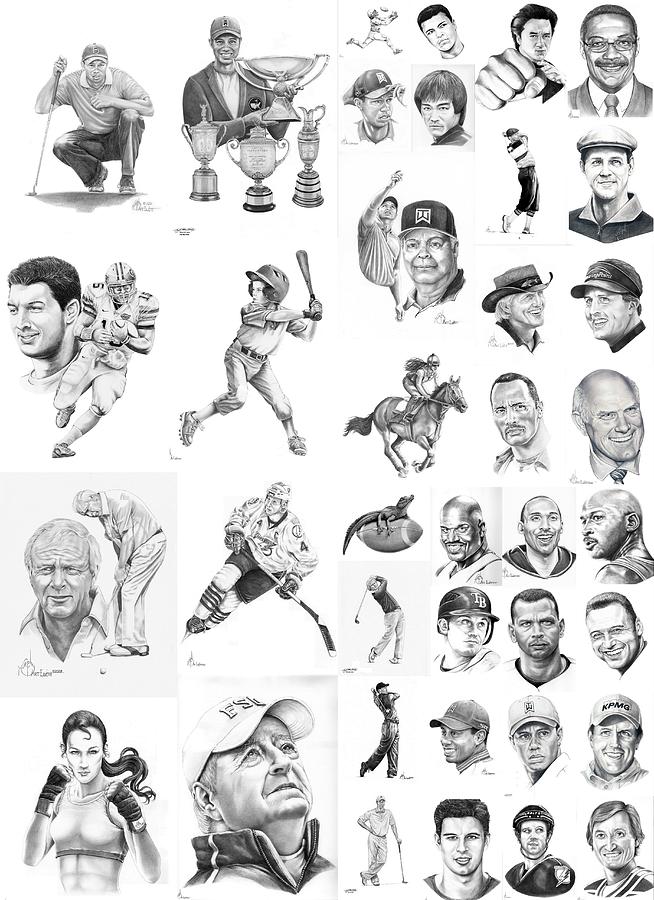 654x900 Sports Figures Collage Drawing - Pencil Drawing Collage