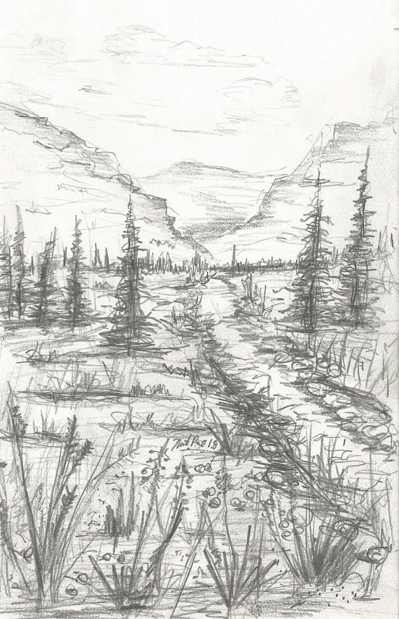 570x885 Landscape Pencil Drawing Instant Download Artwork Mountain - Pencil Drawing Download