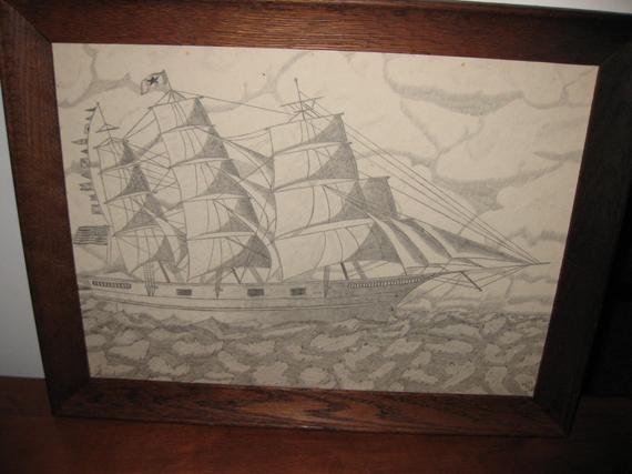 570x427 vintage clipper ship pencil drawing ship with flags on mast etsy - Pencil Drawing Ship