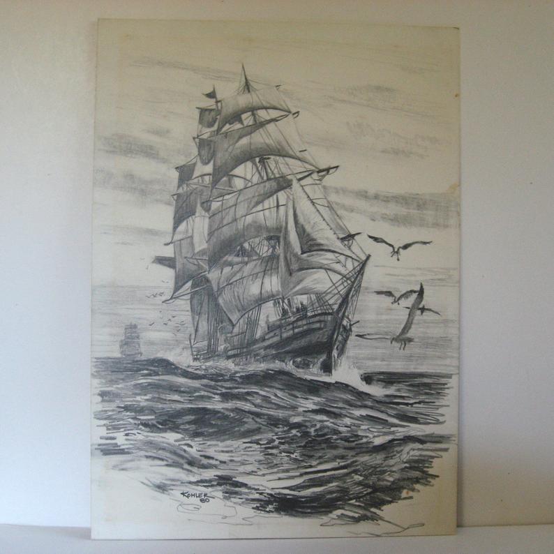 794x794 vintage original pencil drawing clipper ship - Pencil Drawing Ship