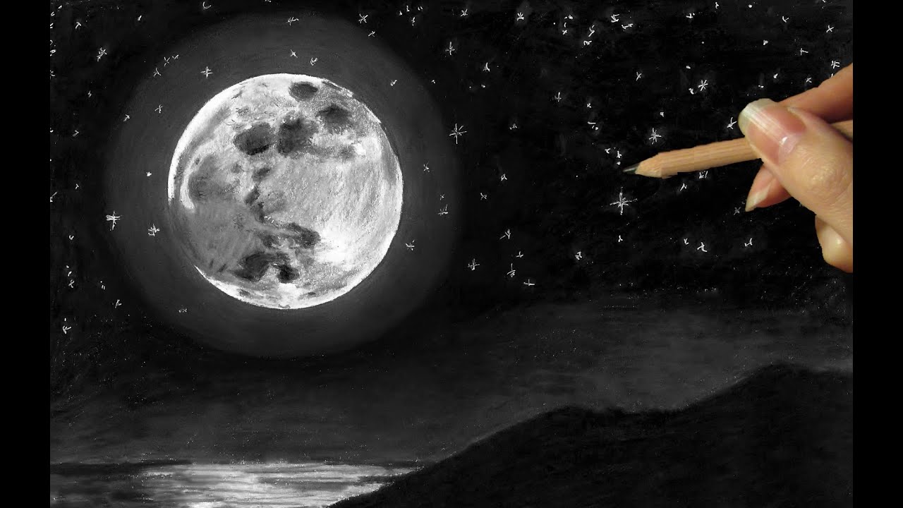 1280x720 Landscape In Colored Pencil The Moon In The Night Sky Drawing - Pencil Drawings Of The Moon