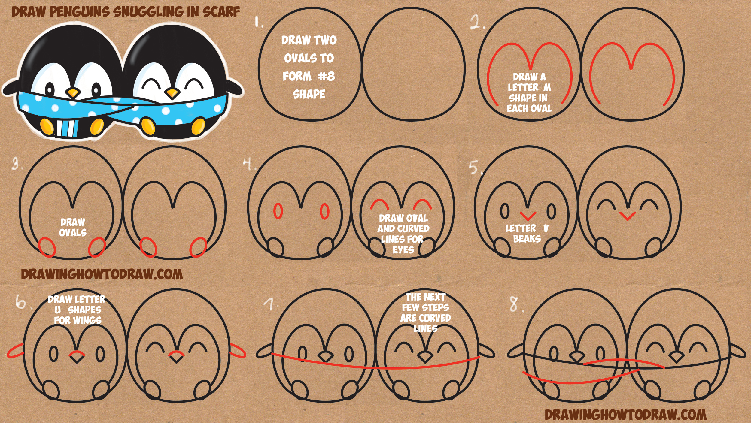 2500x1409 How To Draw Cute Kawaii Chibi Cartoon Penguins In A Scarf - Penguin Drawing Step By Step