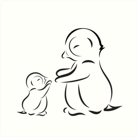 550x550 Outline Drawing Of Penguin Family Mom And Baby Art Prints - Penguin Outline Drawing