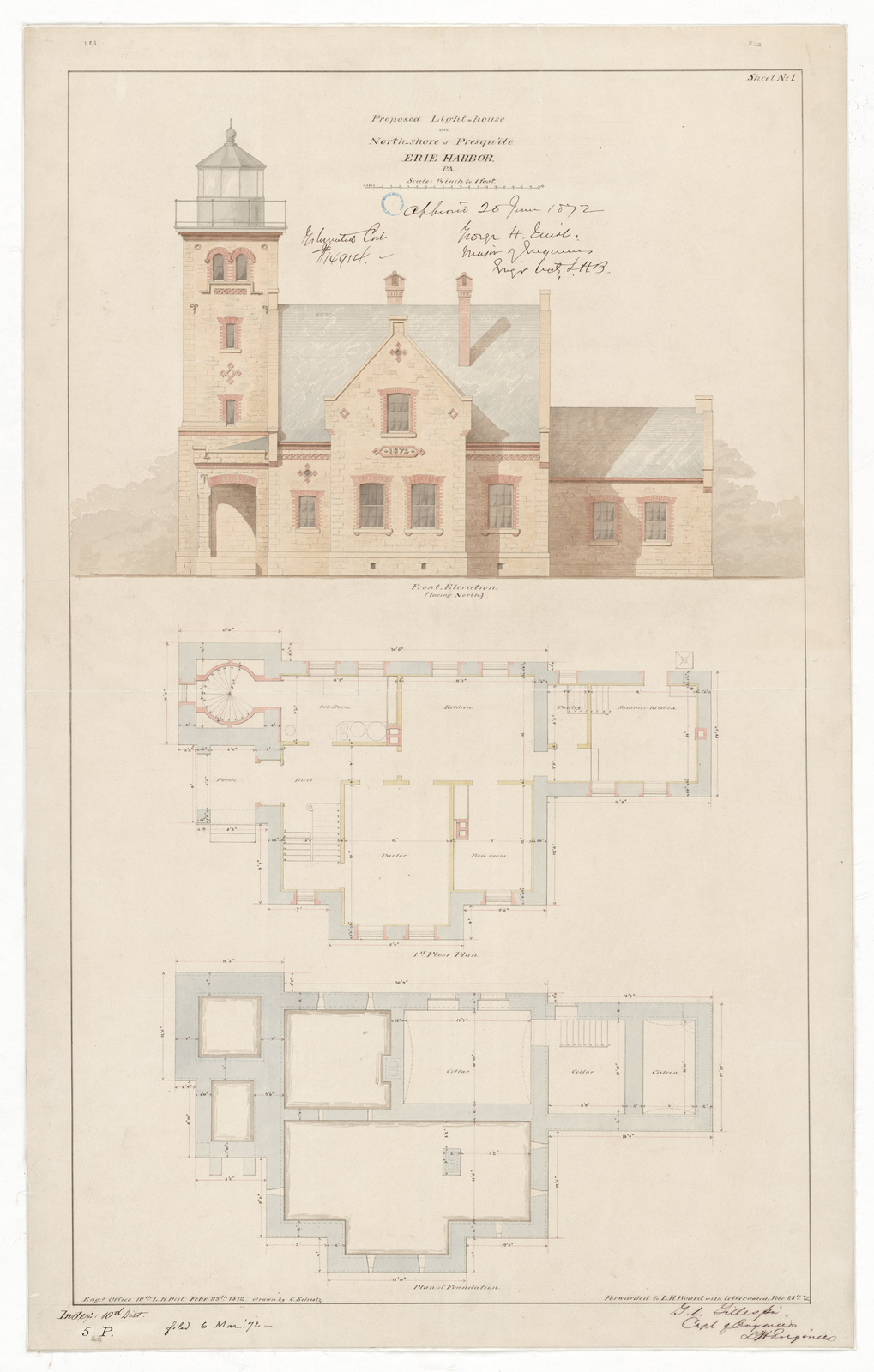 1019x1600 elevation drawing and plan for the erie harbor lighthouse - Pennsylvania Drawing