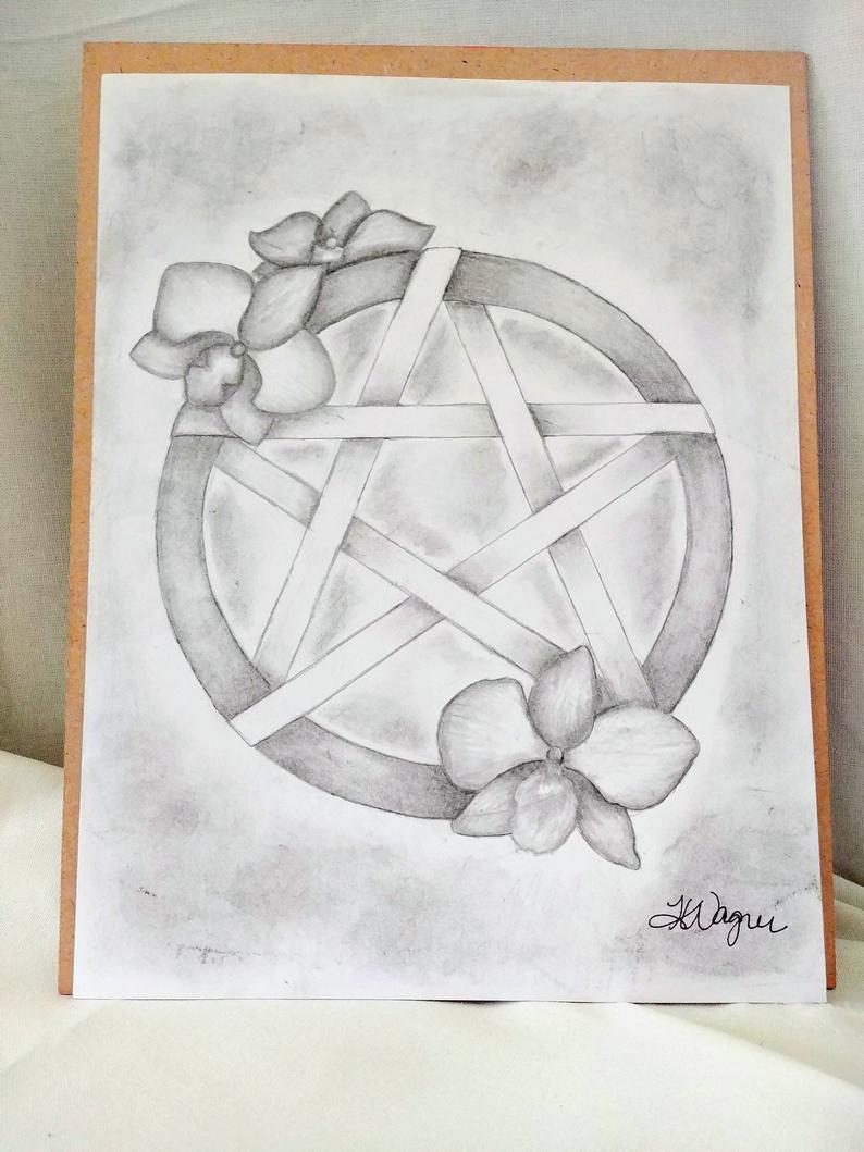 794x1059 pentacle and orchids in charcoal drawing charcoal drawing etsy - Pentacle Drawing