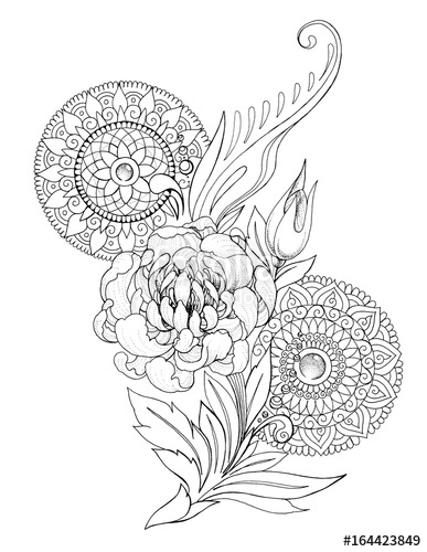 387x500 decorative drawing of peony flowers, patterns and mandalas, tattoo - Peony Tattoo Drawing