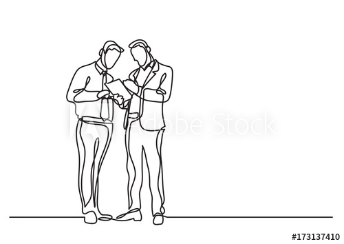 500x354 continuous line drawing of two men standing talking about document - People Standing Drawing
