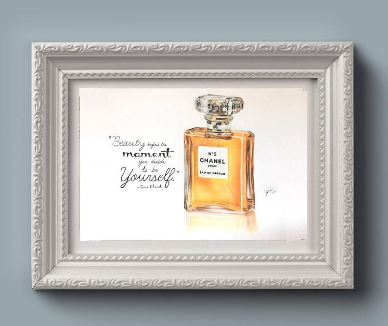 794x666 chanel perfume drawing print with quote wall art etsy - Perfume Drawing