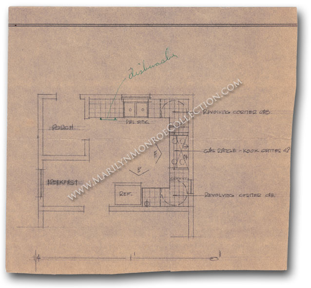 638x590 marilyn monroe's personal architectural drawing of her kitchen - Personal Drawings
