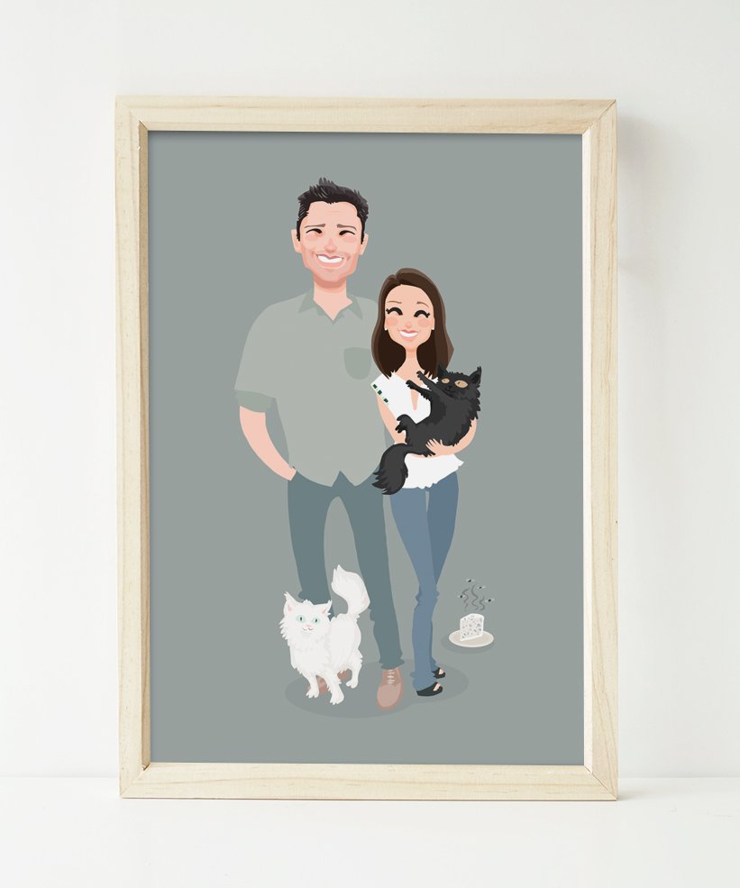 821x985 Couple Personalized Drawing And Two Cats Doodleism - Personalized Drawing