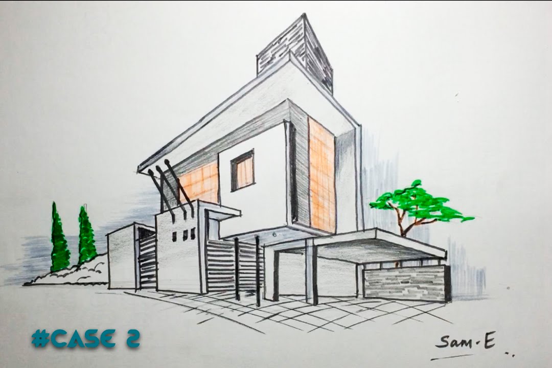 1080x720 Point Perspective House Architectural Freehand - Perspective Drawing House