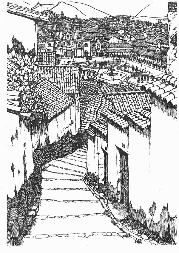600x849 peruvian travel sketch cusco street - Peruvian Drawings