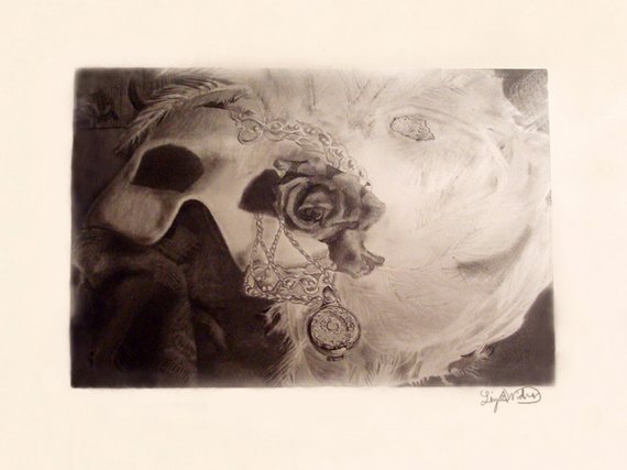 570x427 Black And White Drawing Art Print Still Life Mask Rose Etsy - Phantom Of The Opera Drawing