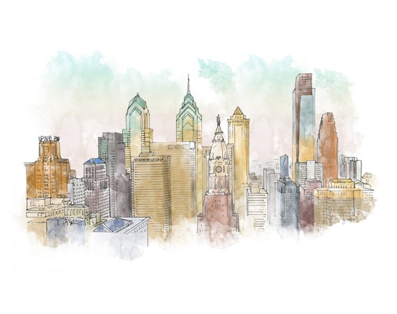 570x450 philadelphia ink and watercolor drawing etsy - Philadelphia Drawing