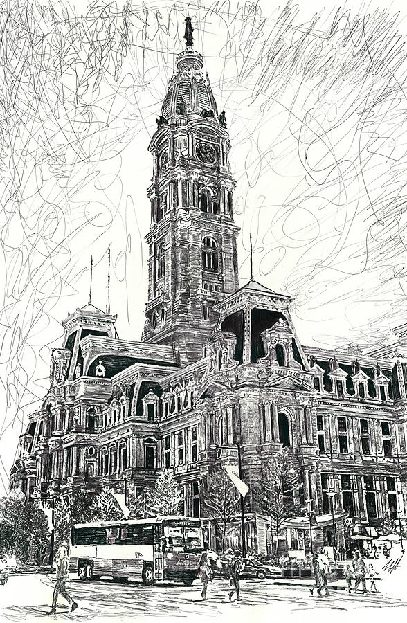 588x900 philly city hall drawing - Philadelphia Drawing