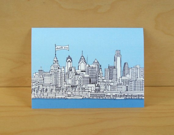 570x443 philadelphia skyline card thank you birthday hello yo etsy - Philadelphia Skyline Drawing
