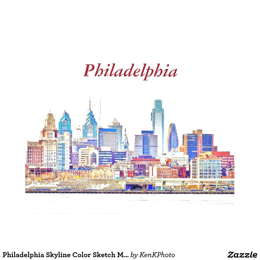 1104x1104 Philadelphia Skyline Color Sketch Metal Wall Art - Philly Skyline Drawing
