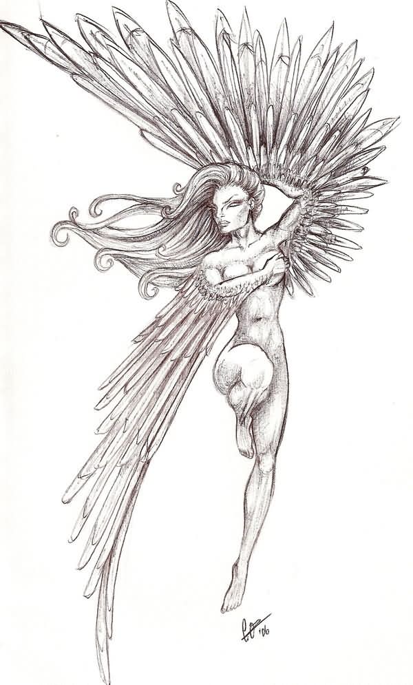 600x995 Girl With Phoenix Wings Tattoo Design - Phoenix Wings Drawing