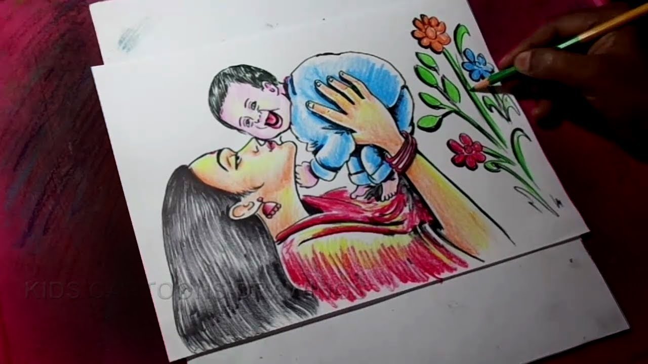 1280x720 How To Draw Mother And Child Color Drawing For Kids - Photo To Color Drawing