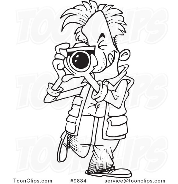 581x600 Cartoon Black And White Line Drawing Of A Snappy Photographer - Photographer Drawing