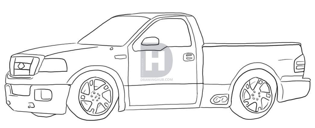 1044x426 how to draw a ford lightning pick up, step - Pick Up Drawing