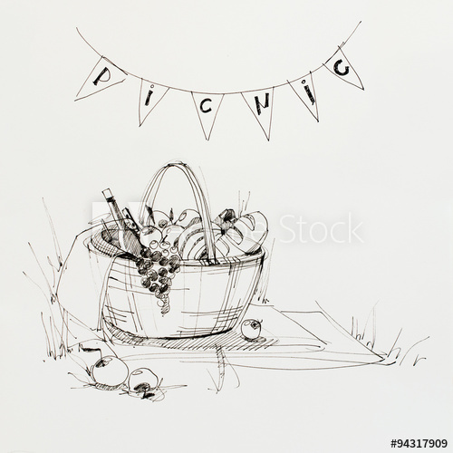 500x500 drawing sketch ink of wattled picnic basket - Picnic Basket Drawing