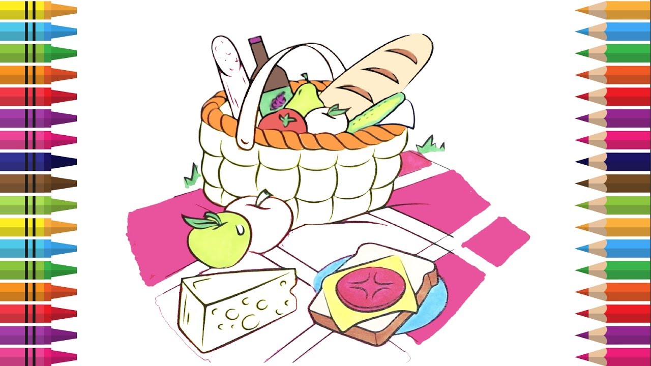 1280x720 how to draw a picnic basket, food book coloring - Picnic Basket Drawing