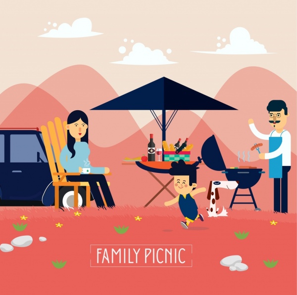600x597 family picnic drawing parents kid outdoor barbecue icons free - Picnic Drawing Images
