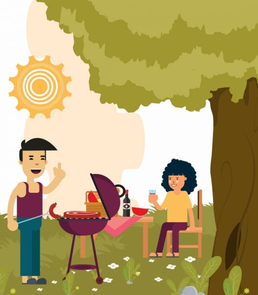 526x600 outdoor picnic drawing happy couple barbecue colored cartoon - Picnic Drawing Images